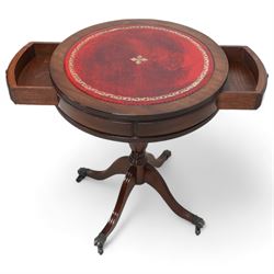 Georgian design mahogany drum table, circular red leather inset top, turned pedestal on splayed supports