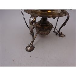 Early 20th century silver spirit kettle and burner, of oval form, with oblique gadrooned rim, engraved crest and ebonised handle and finial, the stand upon three scrolling pad feet, hallmarked Goldsmiths Silversmiths Company, London 1913, total H31cm