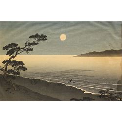 Yoshimune Arai (Japanese 1873-1945): 'Suma Beach by Moonlight', woodblock print 22cm x 34cm 