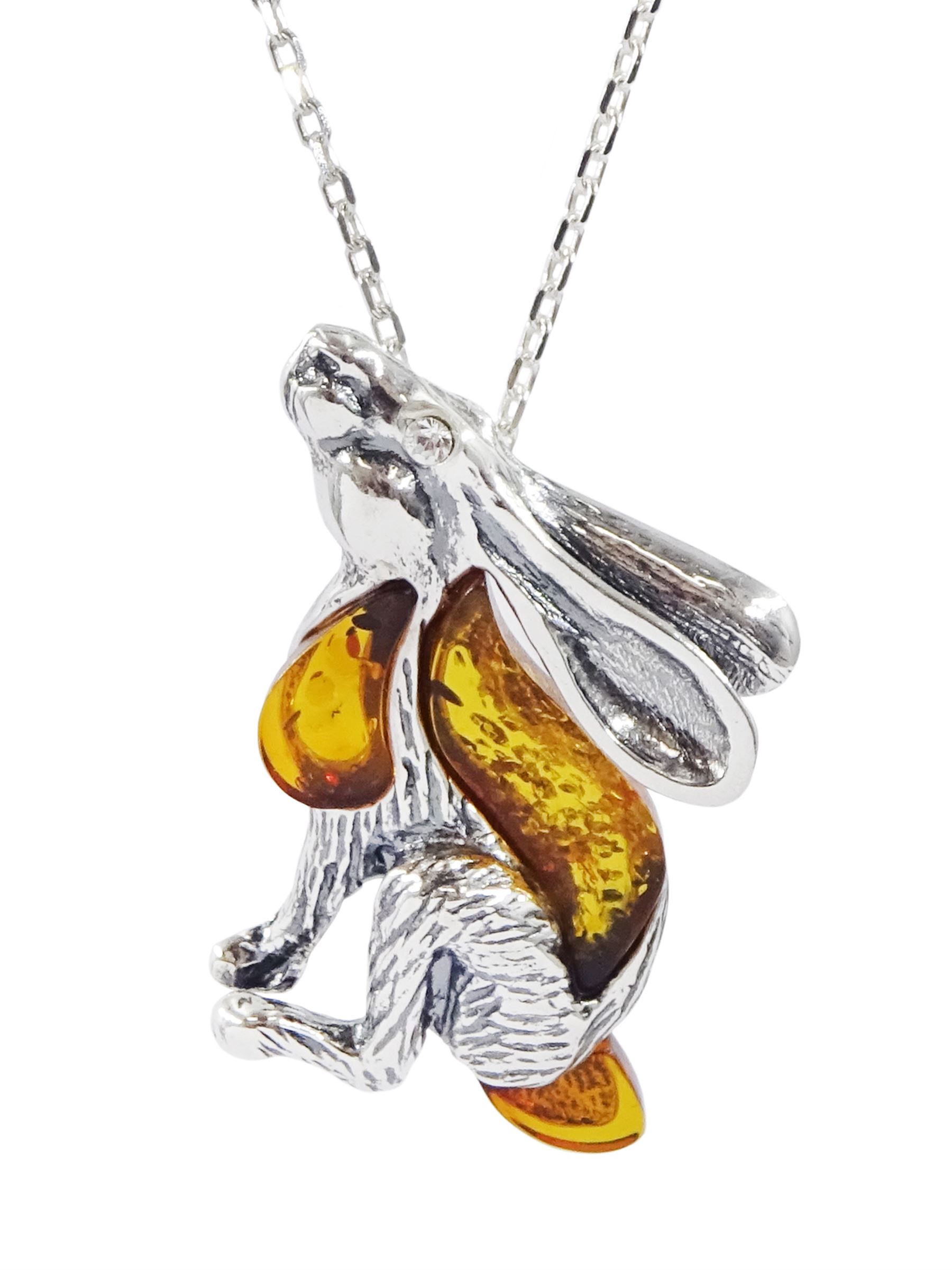 Silver Baltic amber moongazing hare pendant necklace 