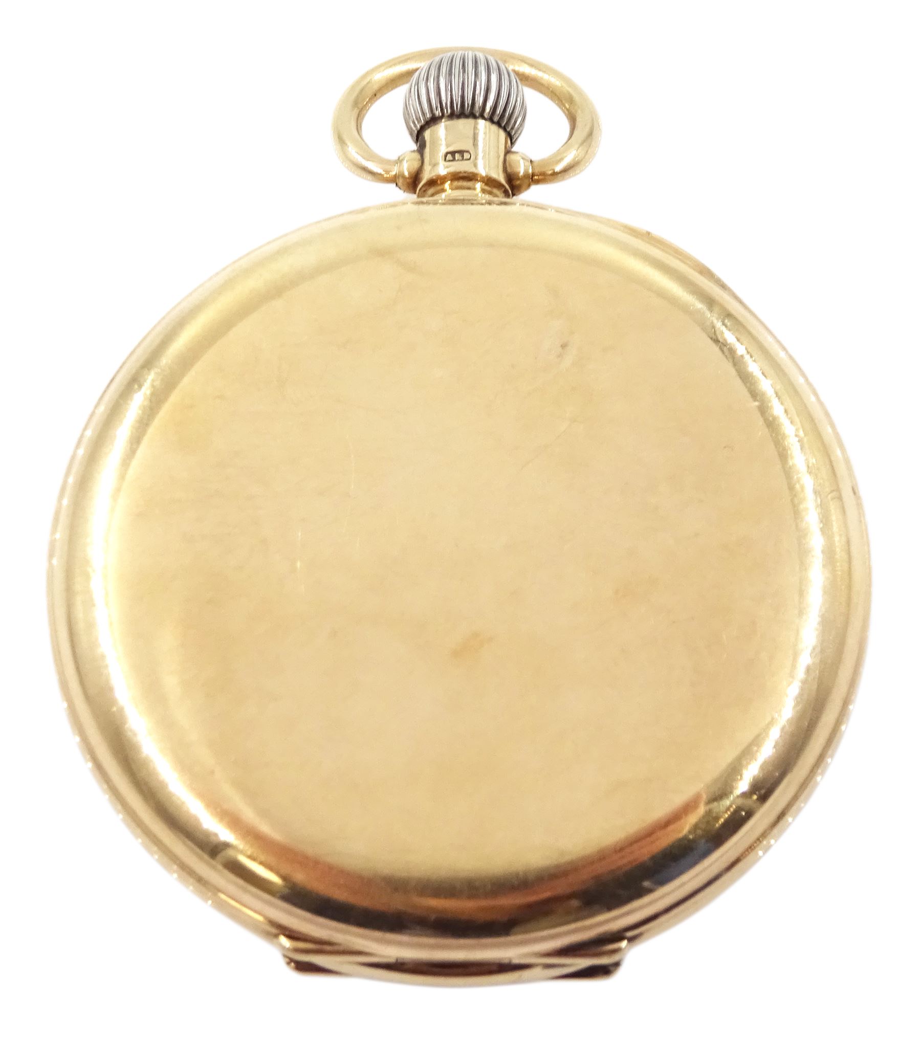 Early 20th century 9ct gold open face crown wind lever pocket watch, white enamel dial with Roman numerals, outer Arabic minute ring and subsidiary seconds dial, case by Dennison, Birmingham 1918