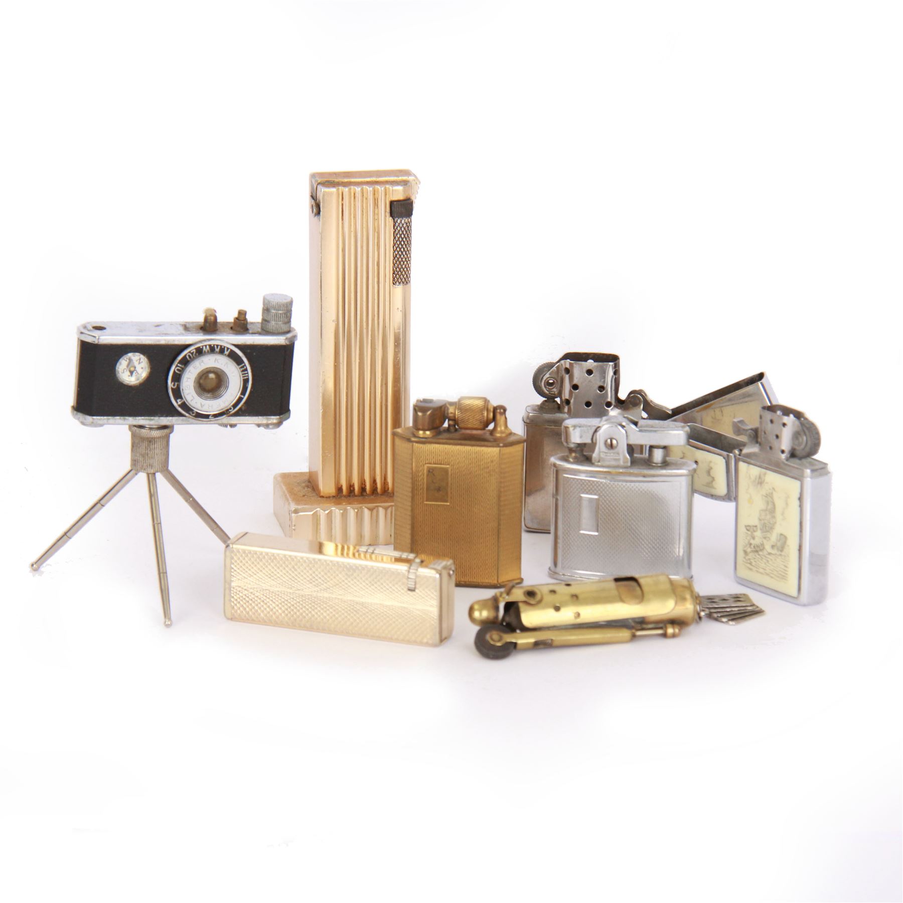 Novelty KKW camera lighter, together with a collection of other lighters, including McMurdo lighter, Benlow Golmet table lighter, Ronson examples, etc