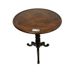 Victorian mahogany tripod table, dished circular top on spiral turned column, three splayed supports with scrolled terminals 