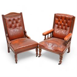 Late Victorian walnut matched two-piece salon suite upholstered in rust buttoned leather - open armchair, reed moulded frame and turned balustrade arm supports, on turned front feet with brass and ceramic castors (W60cm, H92cm, D70cm); nursing chair, fan carved cresting rail, moulded frame, on turned front feet (W58cm, H93cm, D73cm)