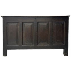 18th century oak coffer, rectangular plank lid over four panelled front and panelled sides, on stile supports 