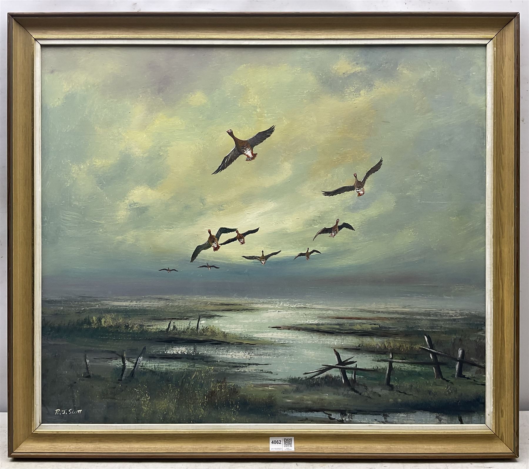 After Sir Peter Markham Scott (British 1909-1989): 'Whitefronts at Holbeach,', oil on board signed 'R J Scott', titled verso 60cm x 70cm