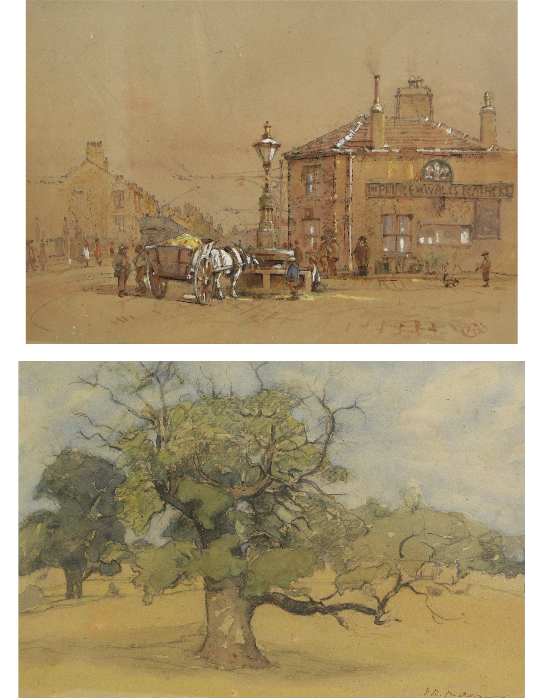 Cuthbert Crossley (British 1883-?): Horse Taking a Drink Outside the Inn, watercolour heightened with white signed with monogram 32cm x 43cm; David R Anderson (British 1884-1976): An Old Tree, watercolour signed 24cm x 34cm (2)