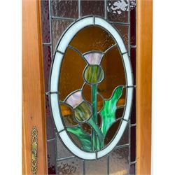 Art Nouveau design cherry wood kitchen wall unit, two leaded glazed doors with stained tulip decoration