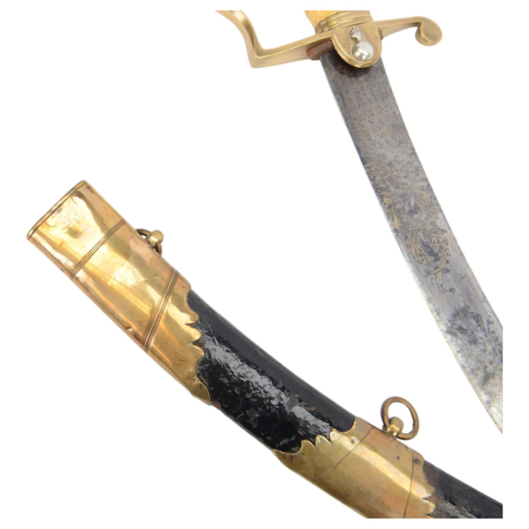 George III  British Grenadier Officer's private purchase scimitar, the 71.5cm curving blade with traces of bluing and gilding, brass hilt with D-shaped langets, one applied with a flaming grenade, knucklebow and chequered ivory grip; in leather covered scabbard with copper or brass mounts and two suspension rings, L86.5cm overall
This item has been registered for sale under Section 10 of the APHA Ivory Act 