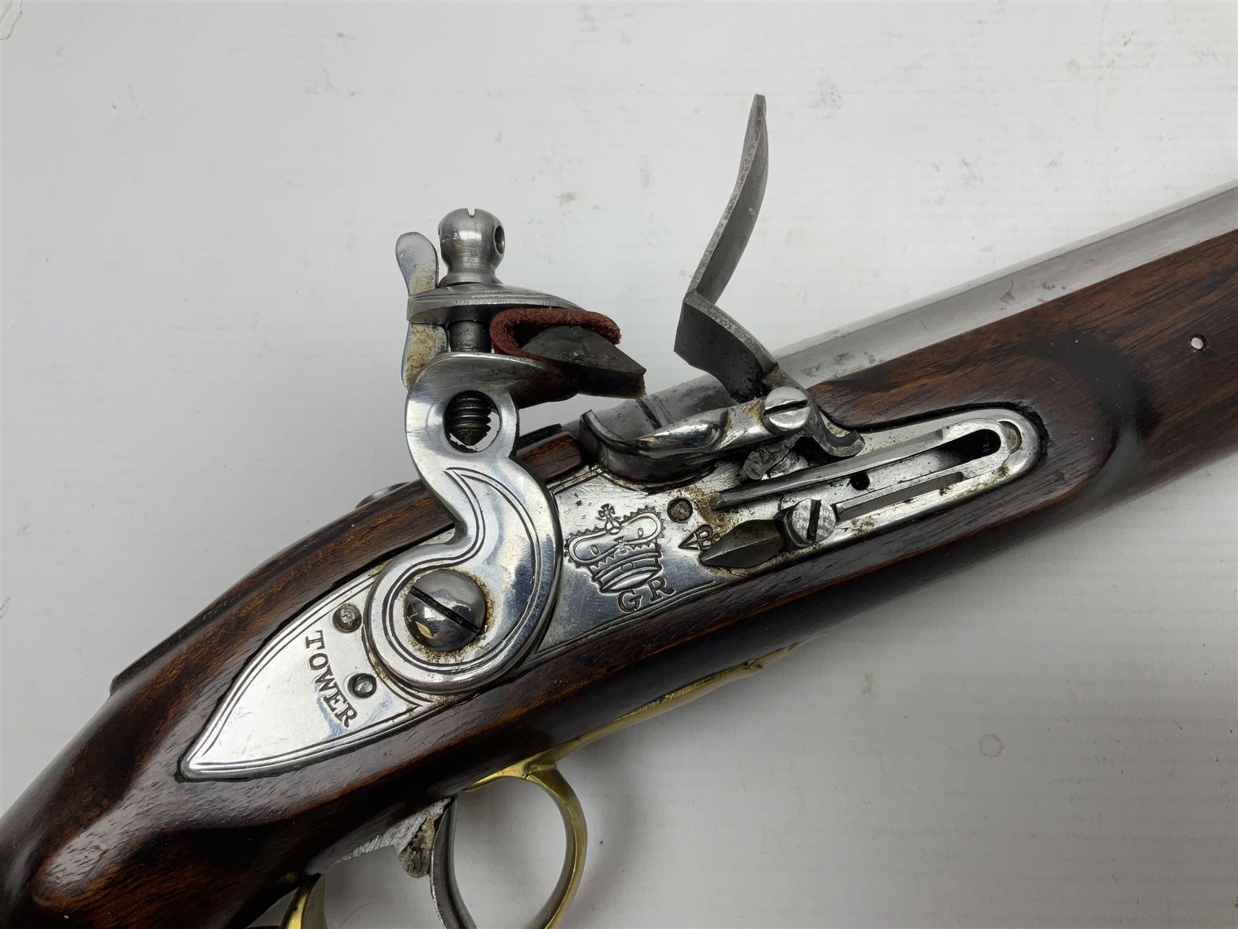 RFD ONLY AS NO VISIBLE PROOF MARKS - modern Indian flintlock .65 cal. belt pistol marked with crowned GR and Tower, 29cm barrel and brass skull crusher butt, serial no.2169 L50cm