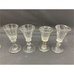 Collection of 18th century and later glassware, including set of three with twist stems and etched and fluted examples