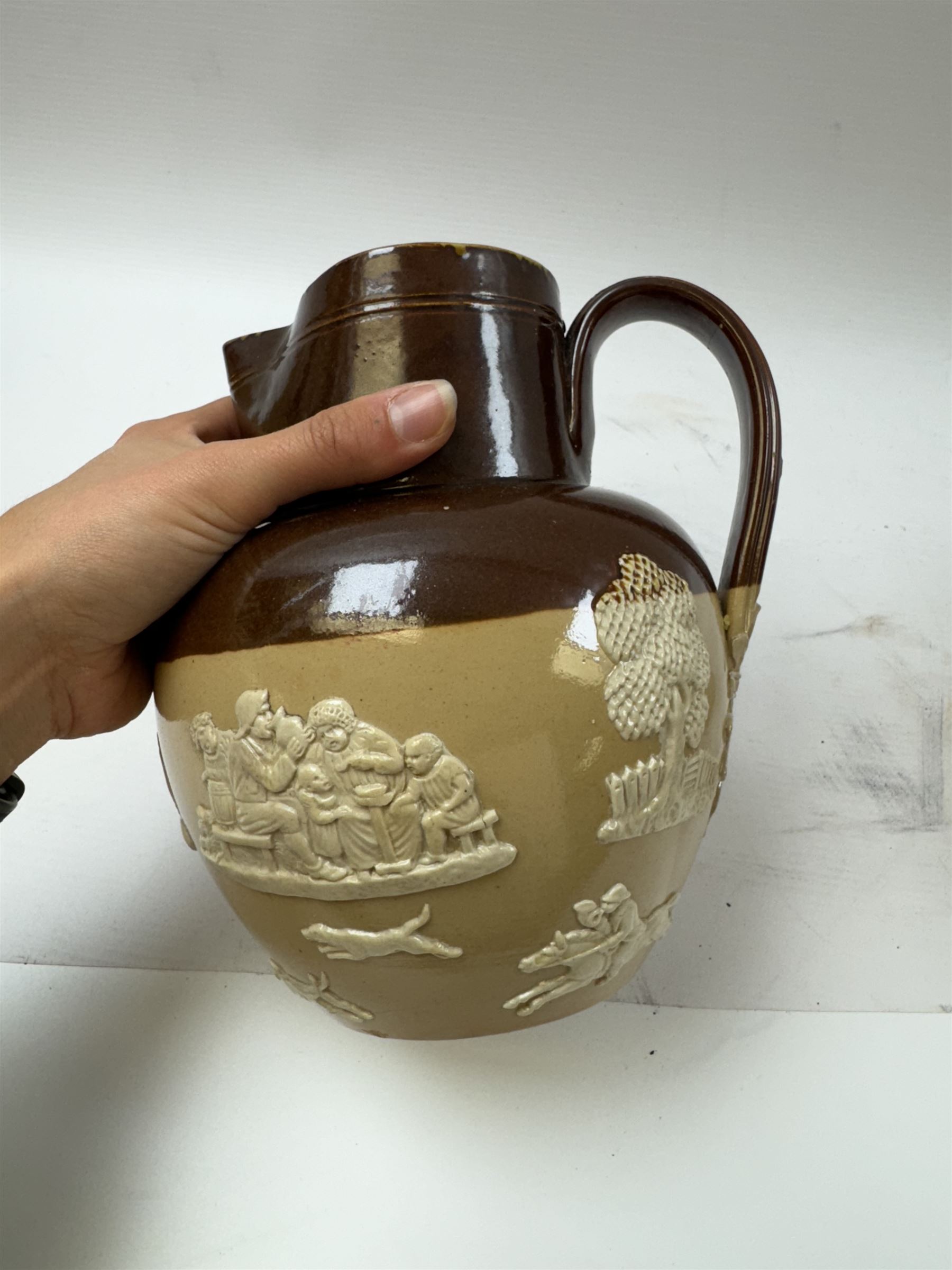 Doulton Lambeth harvest jug, together with two harvest tumblers iwth silver collars, and three other silver mounted items, including cut glass vase, scent bottle and a set of silver handled butter knives, all hallmarked 