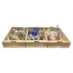 Five Royal Worcester figures including Emma and Felicity, together with similar figures, glass animals, paperweights, Murano glass clown, and a collection of animal figures, etc, in three boxes