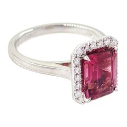 18ct white gold emerald cut tourmaline and round brilliant cut diamond cluster ring, hallmarked, tourmaline approx 2.45, total diamond weight approx 0.20 carat