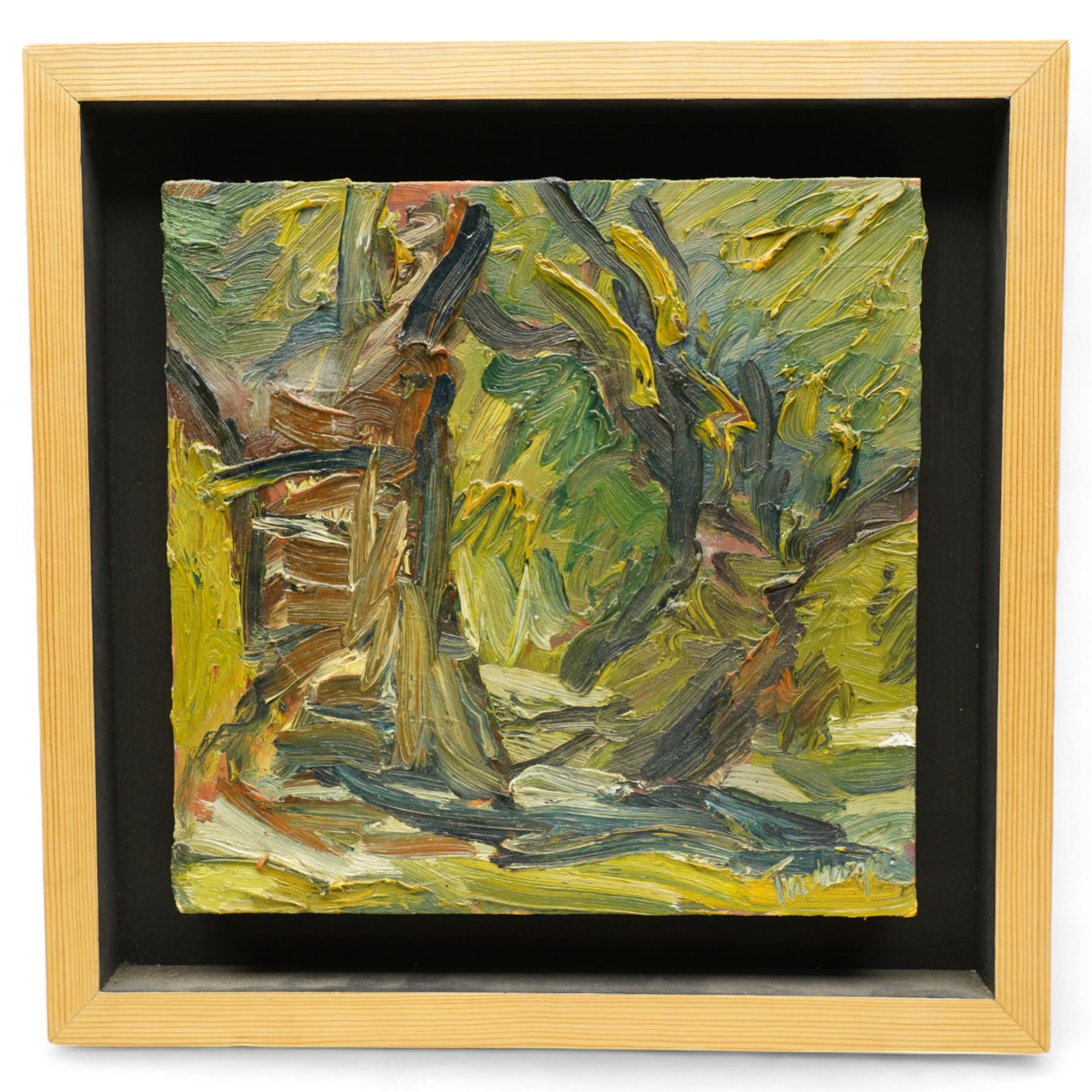 Peter Tudhope (Scottish 1967-): 'Two Trees', oil and impasto signed, inscribed verso 26cm x 27cm