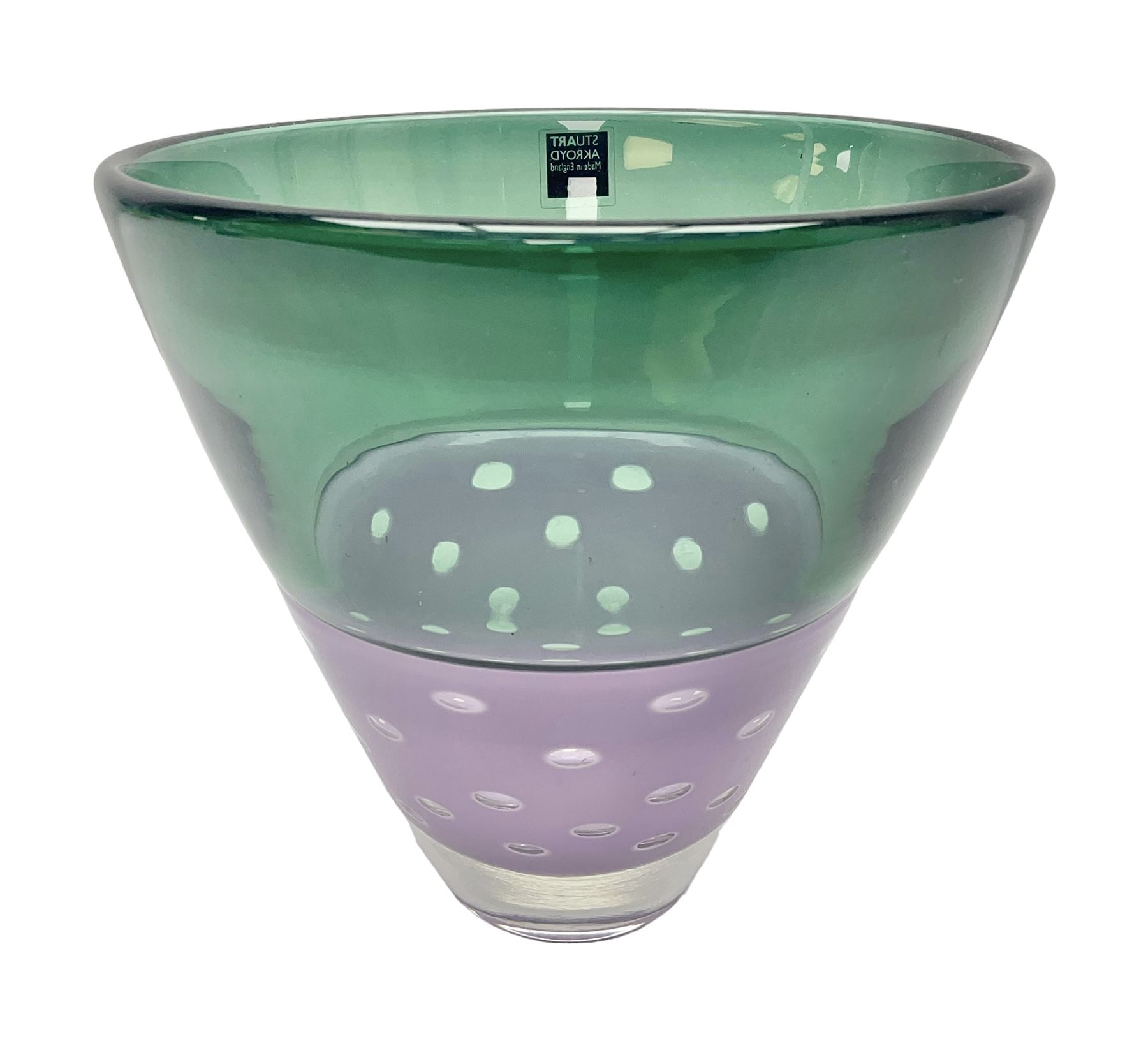 Stuart Akroyd glass vase, green banded top and purple opaque lower section with bubble inclusions, with sticker and engraved signature beneath, H15.5cm