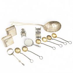 Set of six salt spoons, the bowls formed from Leopold I coins, two silver miniature 'toy' chairs, two small silver boxes, Sterling spoon, miniature hand mirror etc