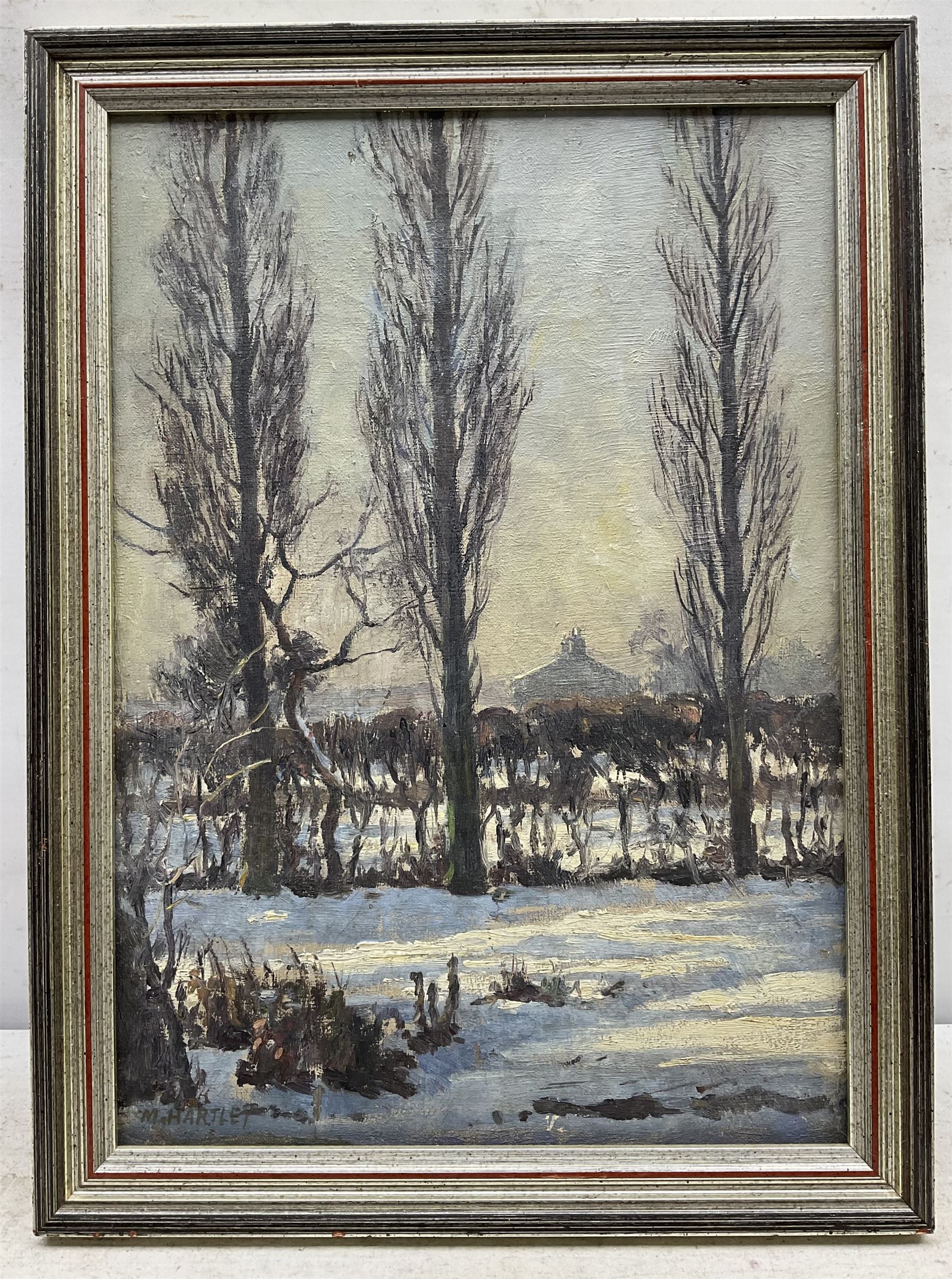 Marie Hartley (Yorkshire 1905-2006): 'Three Poplars in Winter from Owen Bowen's House', oil on canvas signed, titled on printed label verso 34cm x 24cm