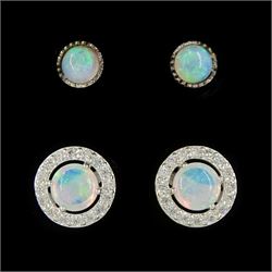 Pair of silver opal and cubic zirconia stud earrings and one other pair of opal stud earrings