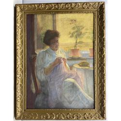 English School (Early 20th century): Lady Seated by a Window, pastel on linen canvas possibly signed lower left 91cm x 65cm