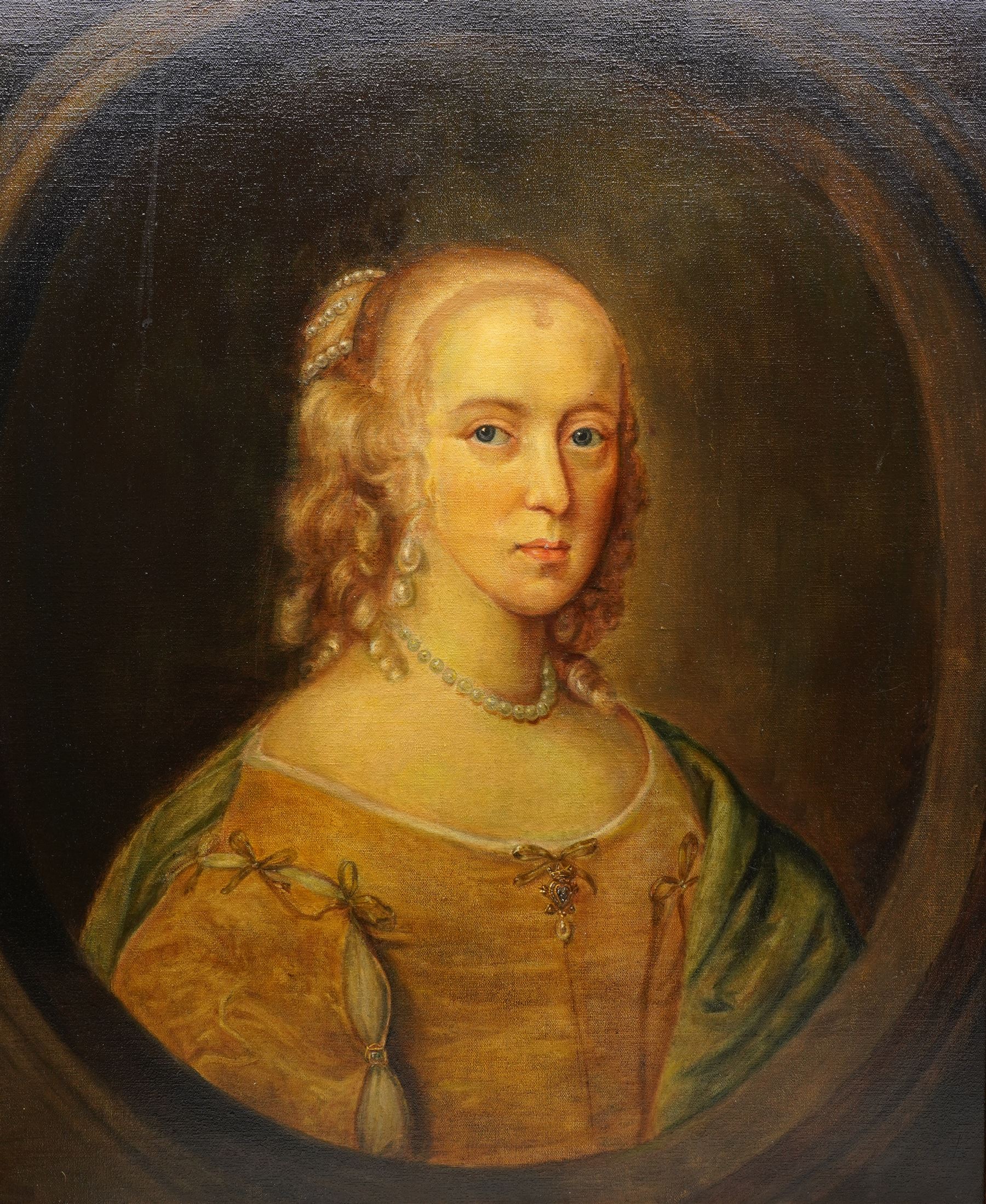 English School (20th Century): Portrait of a Lady in Pearls, oil on canvas unsigned, paired with a similar print 70cm x 60cm (2)