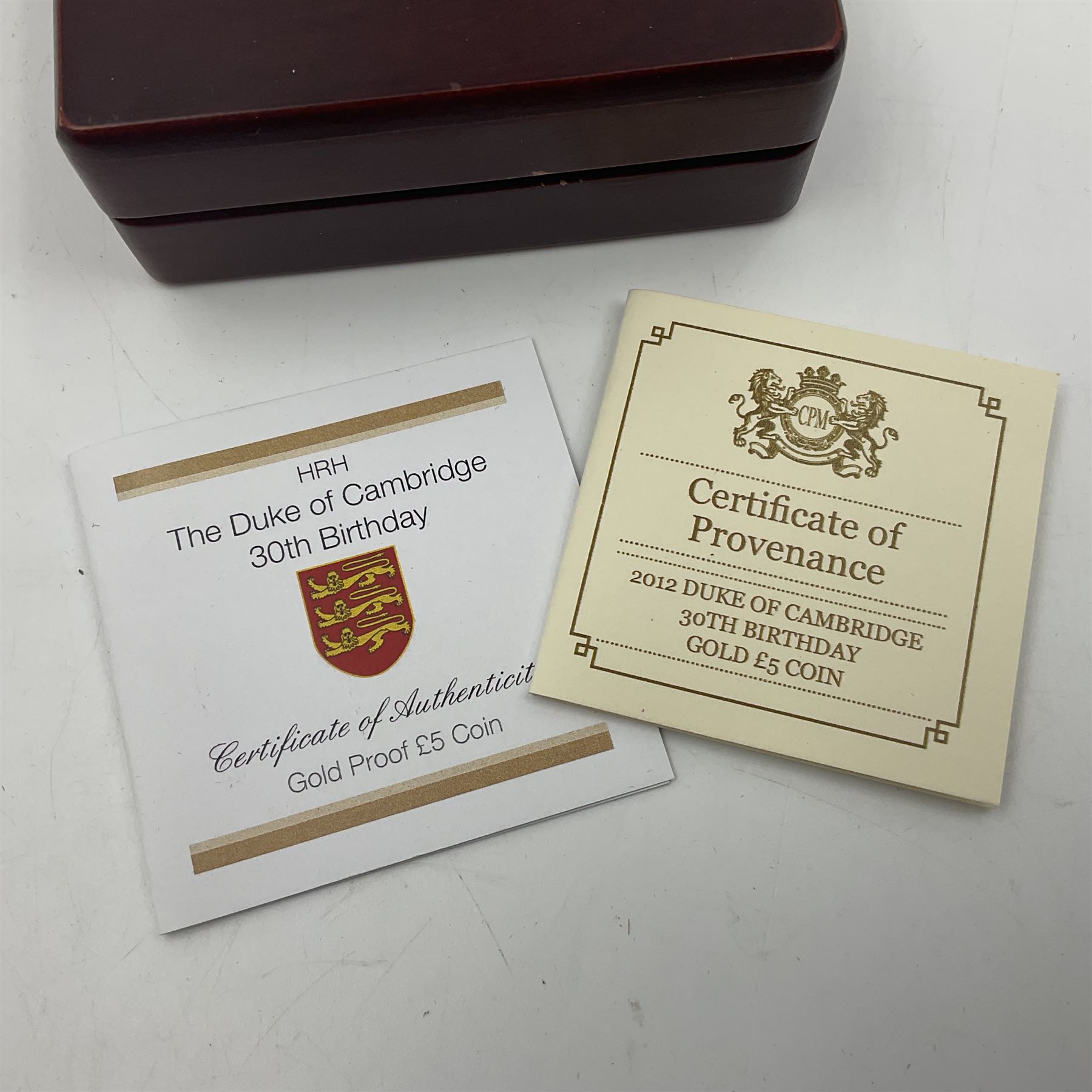 Queen Elizabeth II Bailiwick of Jersey 2012 'The Duke of Cambridge 30th Birthday' gold proof five pound coin, cased with certificate