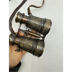 Pair of brass and mother of pearl opera glasses, together with a gilt metal pair of racing binoculars and one other pair, etc 