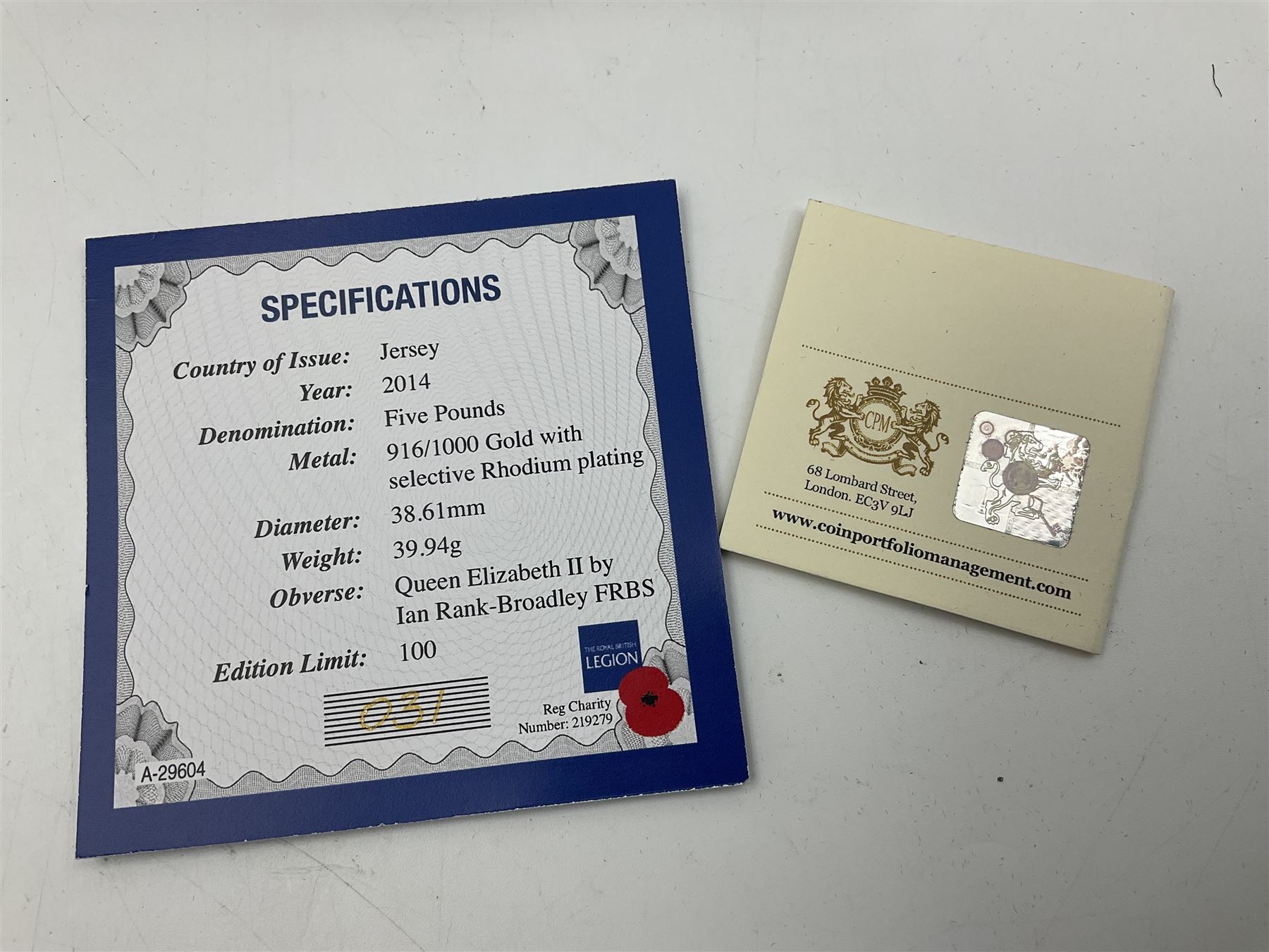 Queen Elizabeth II Bailiwick of Jersey 2014 '100 Poppies' gold five pound coin, cased with certificate