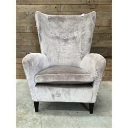 2 x Wing back armchair upholstered in silver crushed velvet fabric