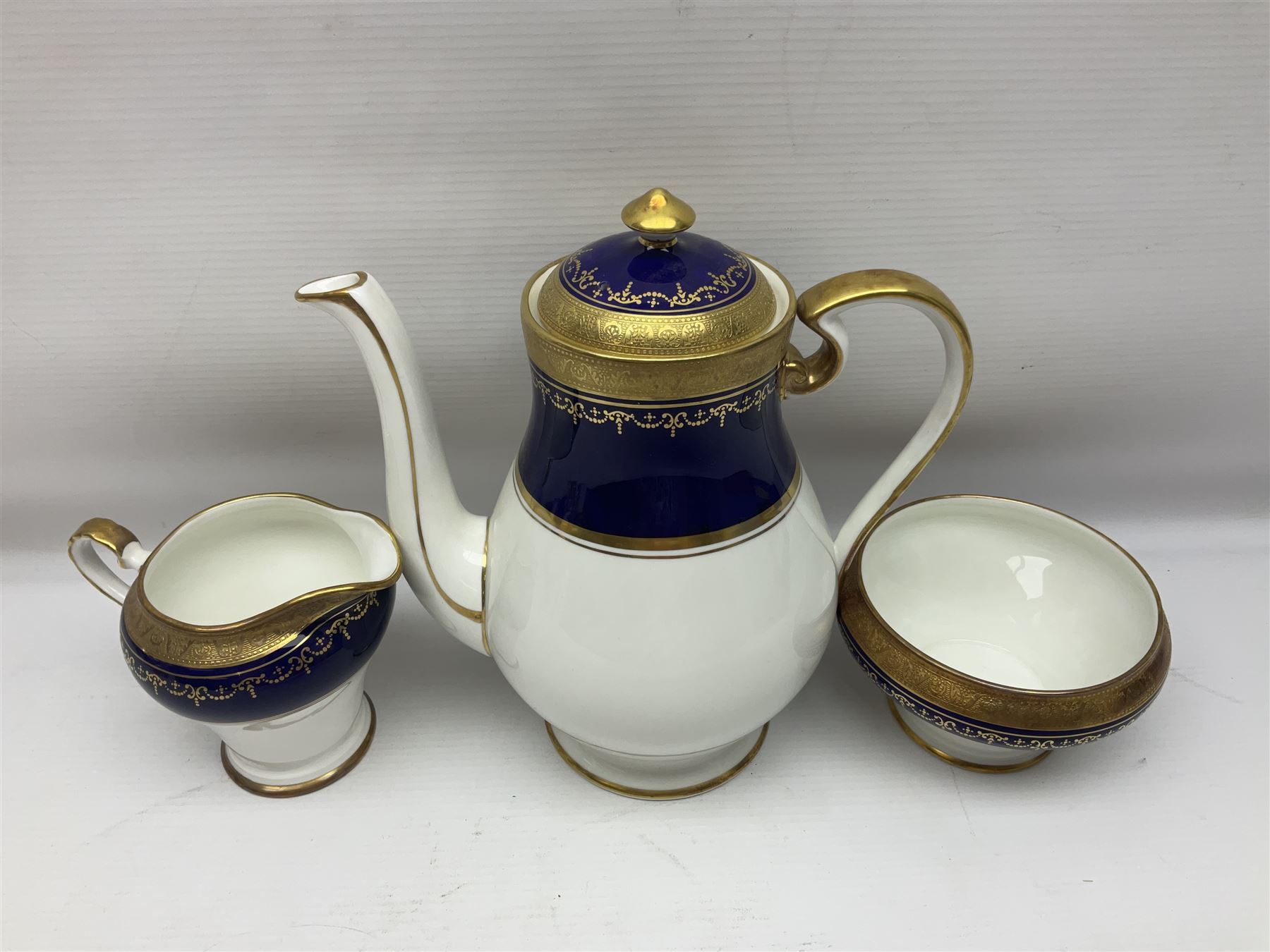 Aynsley Georgian Cobalt pattern coffee service, pattern no 7348, comprising twelve coffee cans and saucers, coffee pot, open sucrier and milk jug, all with printed mark beneath