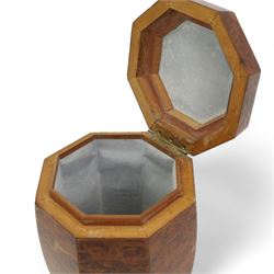 Early 20th century burr elm, ebony and boxwood string inlaid caddy, with hinged cover, H14cm