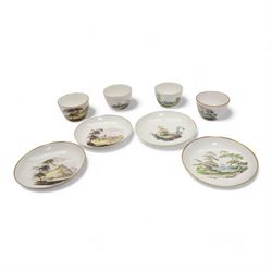 Set of four Pinxton porcelain bute shaped teacups and saucers, circa 1796-1813, pattern no...