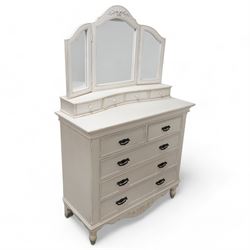 Country Corner - white painted chest with raised mirror back, triple mirror over four small drawers, the chest fitted with two short and three long drawers, on turned feet 