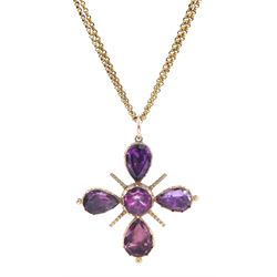 19th century gold foiled back amethyst pendant, on gold double link chain necklace, in fitted velvet and silk lined box