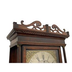 William Watson of  Blackburn (Lancs)  - late 18th century 8-day oak and mahogany cross banded longcase clock, with a flat top and open fretwork above, deep cornice with dogtooth moulding and frieze beneath, square hood door flanked by reeded pilasters with brass capitals, trunk with  reeded quarter columns, long trunk door with concave corners on a plinth with canted corners on bracket feet, brass dial with cast brass spandrels, broad silvered chapter ring with Roman numerals and five-minute Arabic's, a profusely engraved and silvered dial centre with seconds dial, matching steel hands and calendar aperture, hourly rack striking movement with a recoil anchor escapement. With weights, pendulum and key. 
William Watson of Northgate, Blackburn, is recorded as working c1770-1814 . As with this clock he frequently signed some of his clocks without a placename.