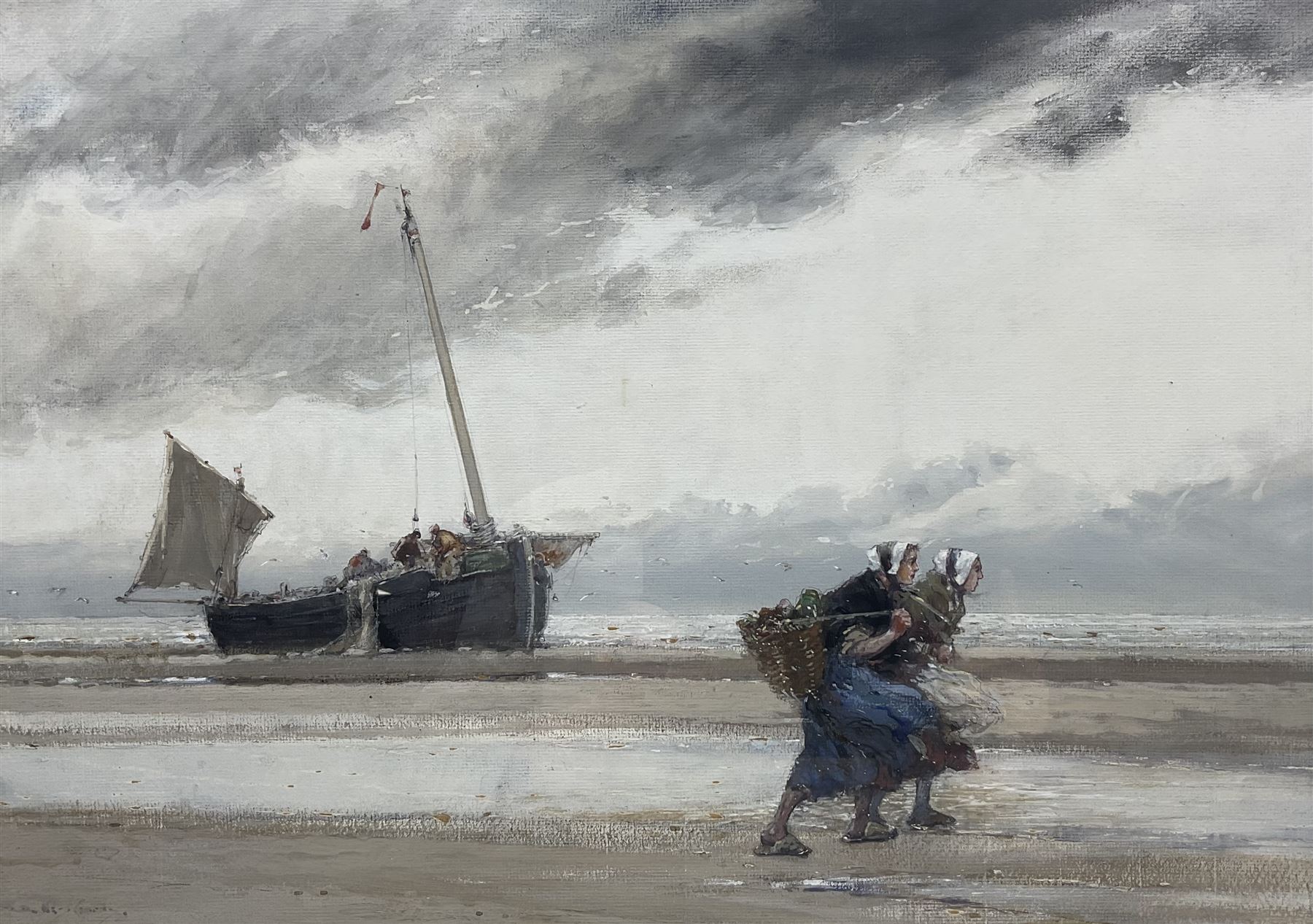 English School (Early 20th Century): Dutch Fisherwomen on a Blustery Beach, watercolour and gouache indistinctly signed 36cm x 49cm 