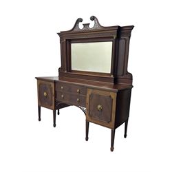 19th century mahogany sideboard, raised mirror back with carved fretwork and two fluted columns, above two cupboards and two drawers with lion mask handles