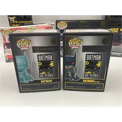 Thirteen Funko! Pop figurines of predominately Batman interest, to include 2016 ‘Batman Classic TV Series Batmobile’ and 2019 teal coloured ‘Batman’ Summer Convention exclusives, most in original boxes, with three similar boxed figures (16)