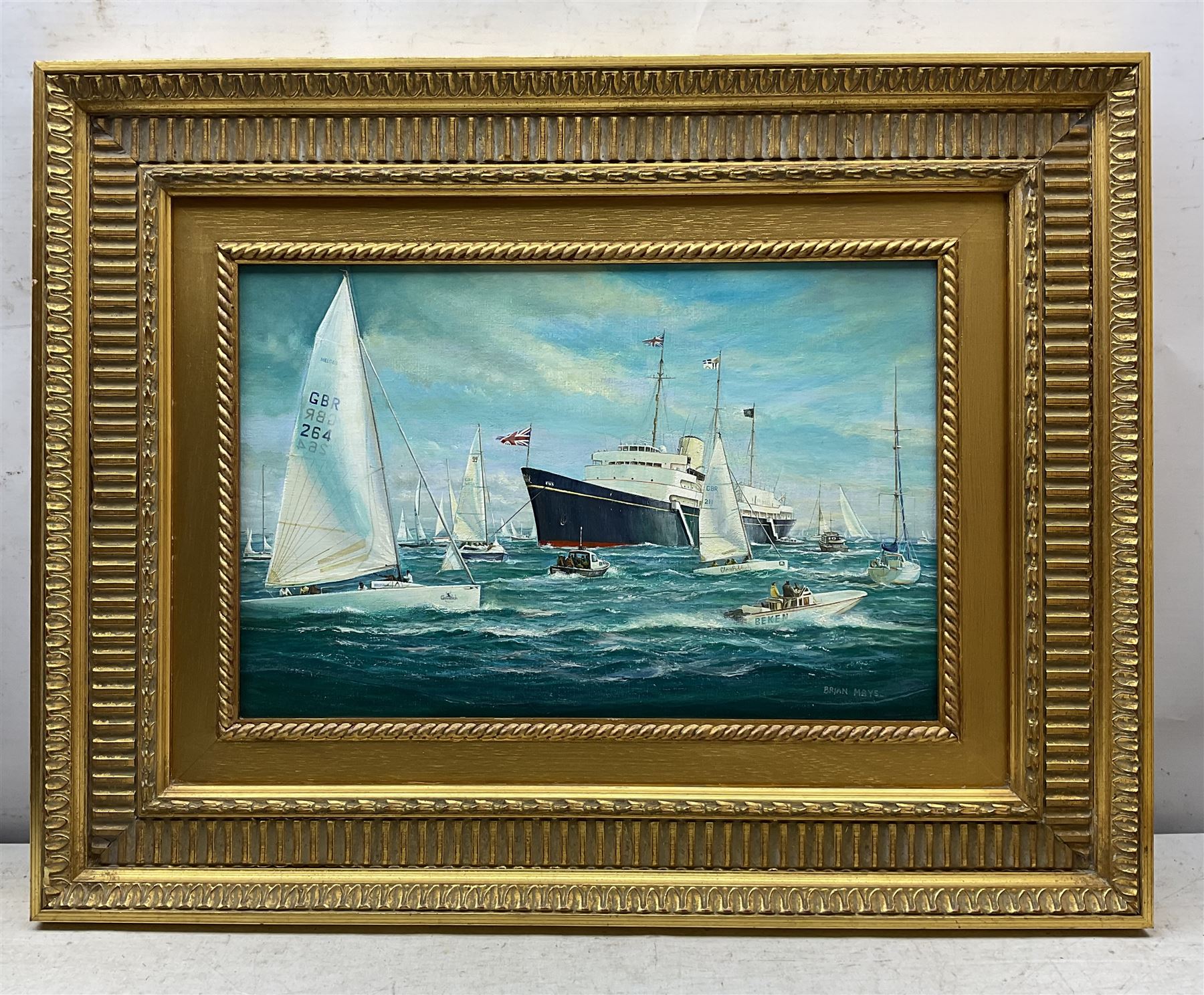 Brian Mays (British 1938-2005): 'Dark Clouds Hanging over the Future of Britannia - Cowes Week 1996', oil on canvas signed, titled verso 29cm x 44cm 
Provenance: direct from the family of the artist.