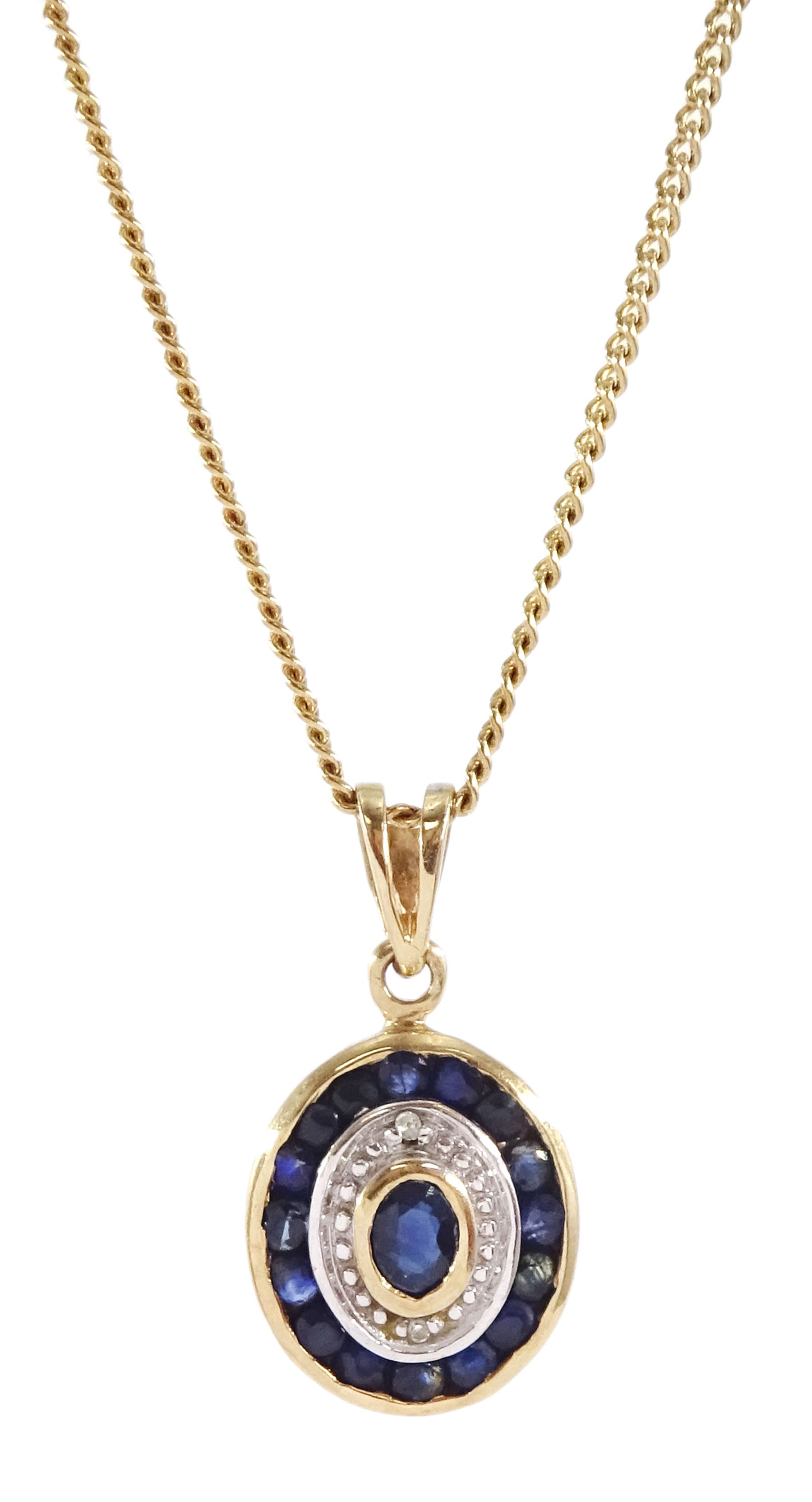 9ct gold sapphire and diamond chip pendant necklace, hallmarked 