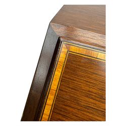 Mid-to-late 20th century inlaid mahogany bureau, inlaid floral medallion to the top, the fall front opening to reveal fitted interior with pigeonholes, small drawers and central cupboard, green inset writing surface with gilt tooling, four drawers below with brass handles, raised on shaped bracket feet