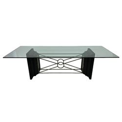 Tempus Stet - 'The Corinth Architectural' dining table, rectangular glass top on moulded composite end supports inset with bronzed metal panels, united by metal stretchers 