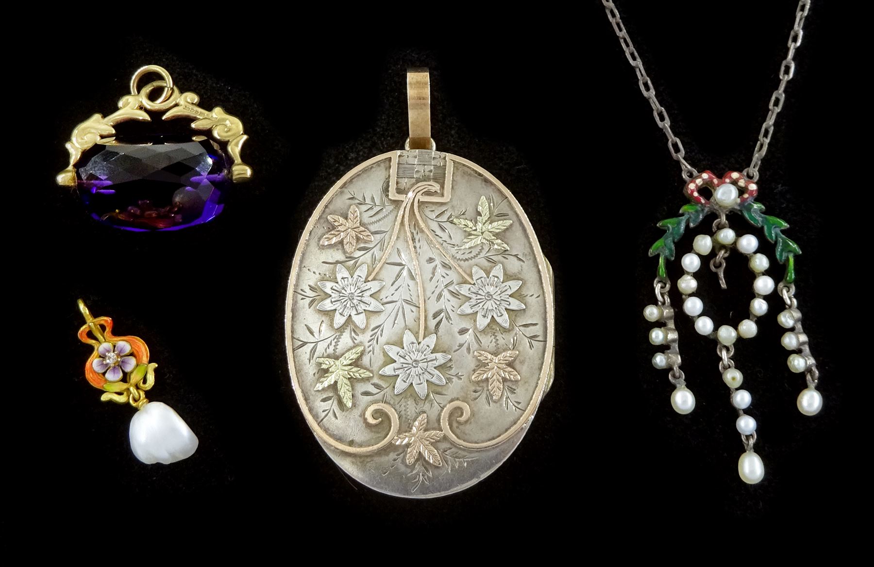 Gold white sapphire and enamel floral design pendant, suspending a single pearl, Victorian silver presentation locket, with applied gold floral decoration, 9ct gold amethyst fob pendant, Sheffield 1998 and a silver pearl and enamel laurel wreath and bow pendant necklace