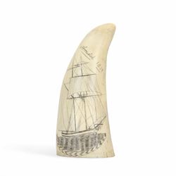 19th century scrimshaw whale tooth, the first inscribed Armistad 1839 depicting ship, L11cm 