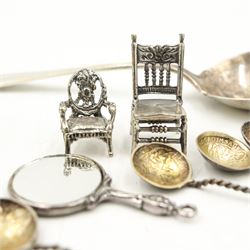 Set of six salt spoons, the bowls formed from Leopold I coins, two silver miniature 'toy' chairs, two small silver boxes, Sterling spoon, miniature hand mirror etc