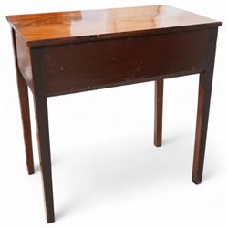 George III inlaid mahogany low-boy, shaped rectangular top with banded edge, fitted with three drawers inlaid with boxwood stringing over a shaped apron, raised on square supports with inner chamfer