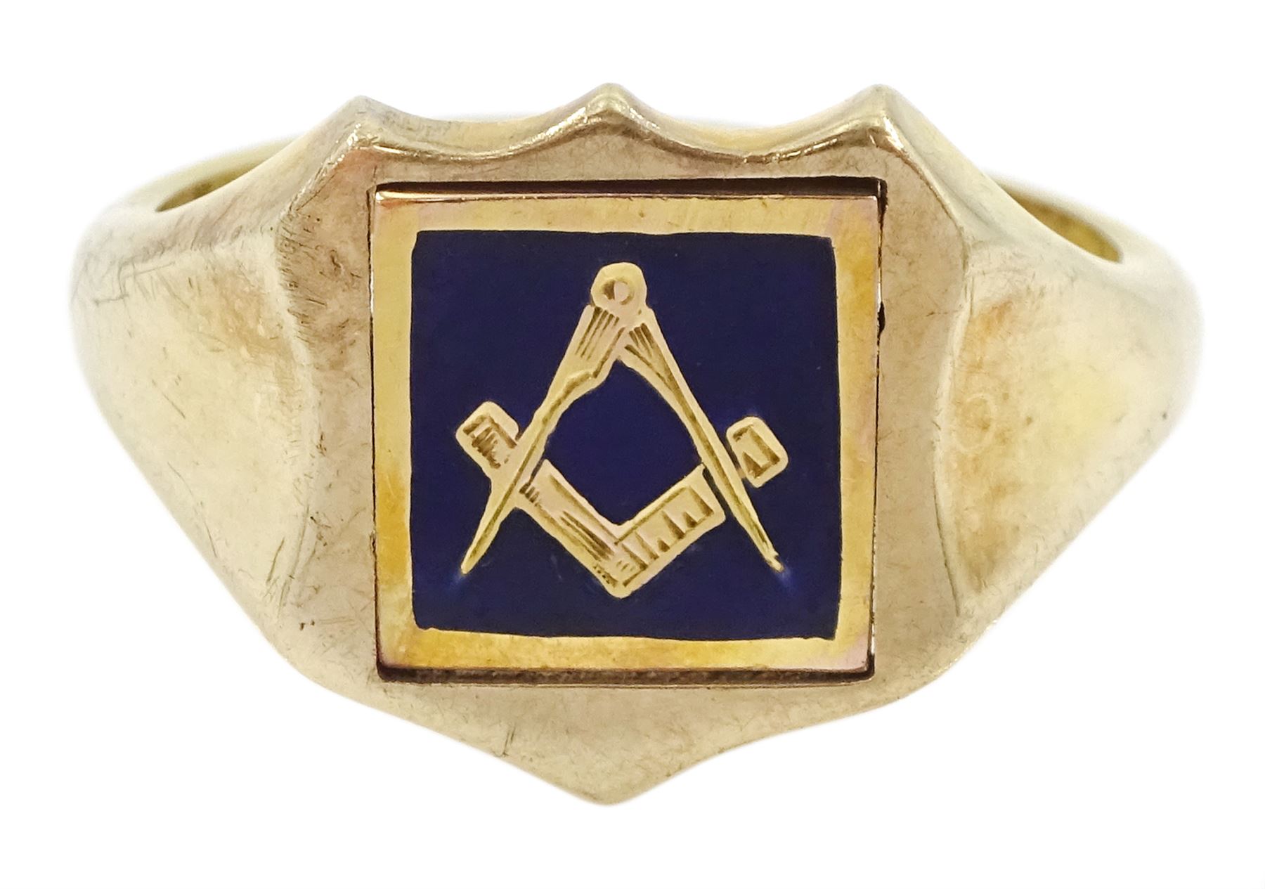 9ct gold blue enamel Masonic swivel ring, the reverse inscribed 'JB', Birmingham 1987 