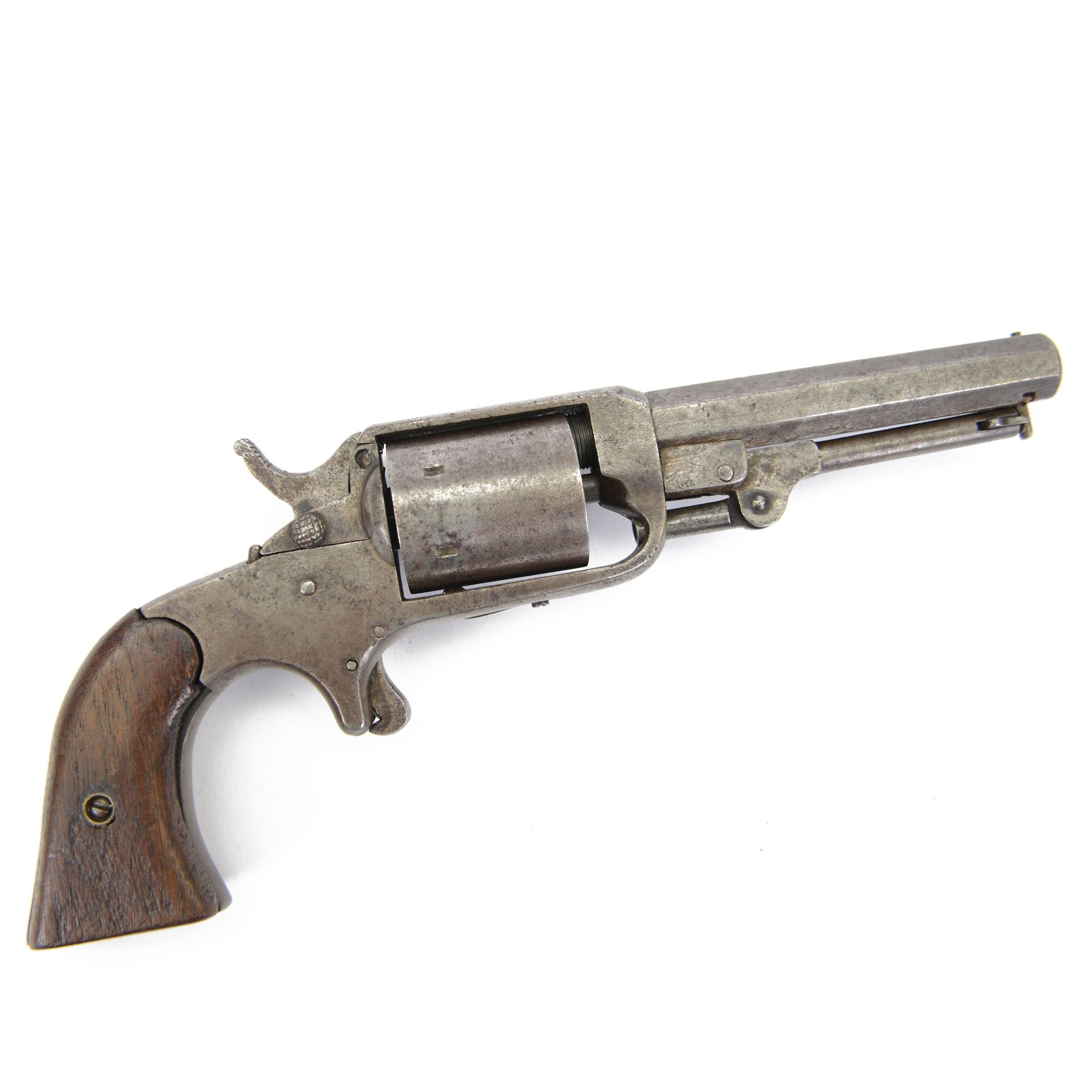 American Civil War James Reid pocket revolver, model 4, circa 1863-1865, combination percussion and metallic cartridge, with 8.5cm octagonal dual ignition barrel, with rosewood grip, marked 2284 the butt, this revolver was designed to be able to be quickly converted from percussion to rimfire by simply removing the nipple assemblies from the rear of the cylinder