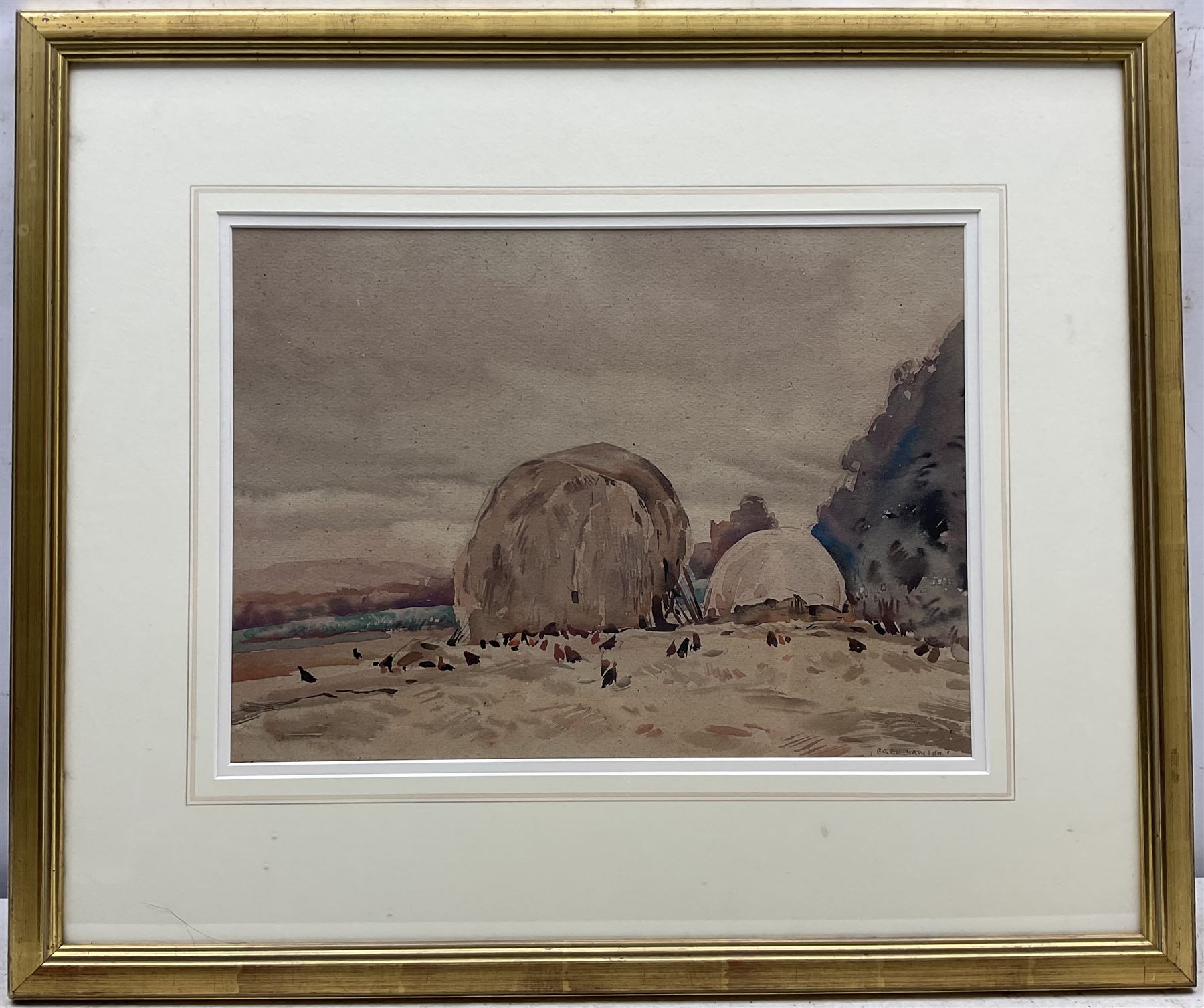 Frederick (Fred) Lawson (British 1888-1968): Hay Ricks near Aysgarth, watercolour over pencil signed 27cm x 37cm