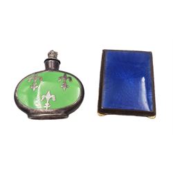 Early 20th century small brass cigarette case, with guilloche enamel panel to hinged cover, together with a silver plated ceramic scent bottle, cigarette case H6cm